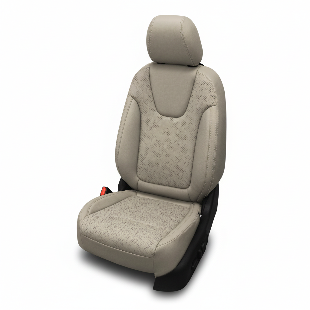 Beige car seat with headrest on a white background