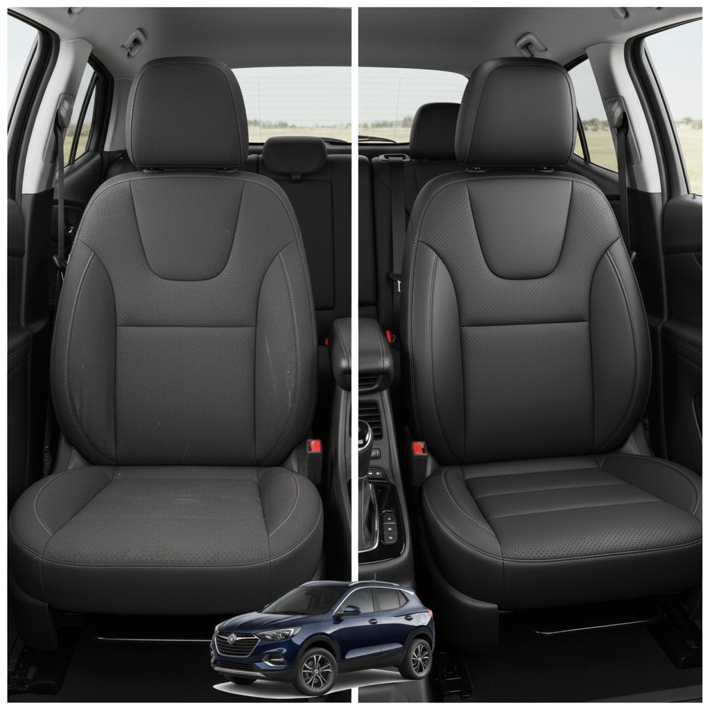 Before-and-after comparison of Buick Encore front seats, showing original cloth seat upgraded to perforated leather upholstery.
