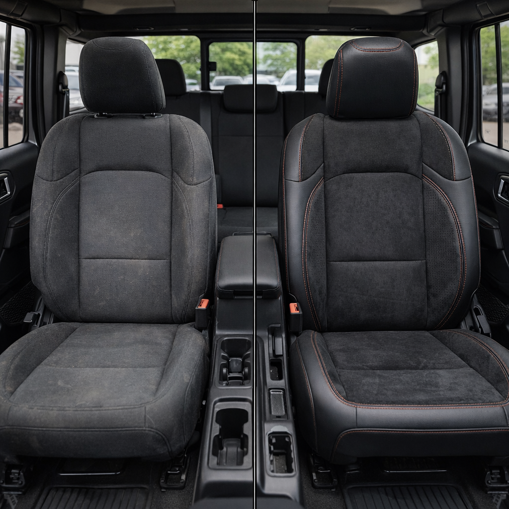 Before-and-after front in-cabin view of a 2020–2026 Jeep Gladiator split down the center: left shows the factory dark cloth front seat, while right shows the upgraded Leatherteck seat cover in black with black automotive suede body inserts and accent panels, plus red contrast stitching throughout, with the center console and cupholders visible between the seats.