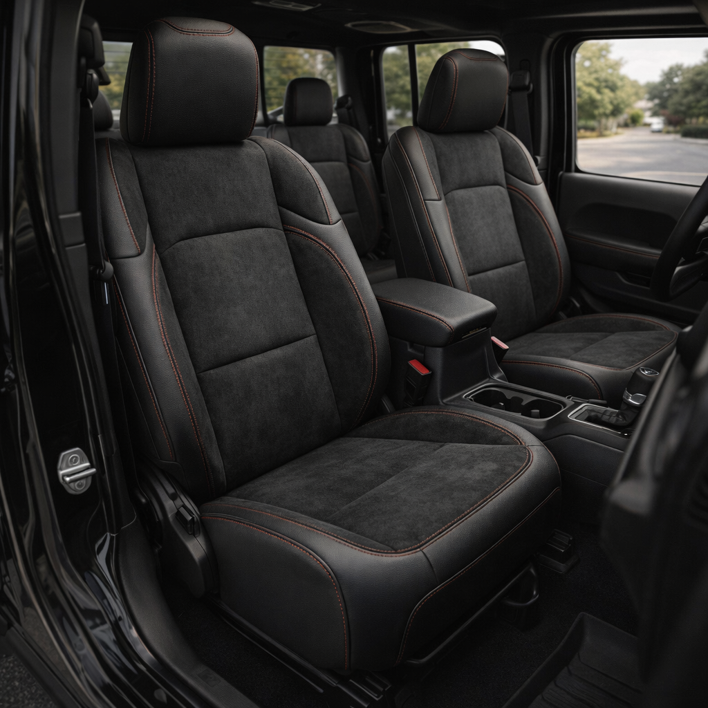 Front in-cabin view of a 2020–2026 Jeep Gladiator with Leatherteck seat covers installed, featuring a black main seat color with black automotive suede body inserts and accent panels, plus red contrast stitching throughout, shown from the open driver-side door with both front bucket seats, the center console/cupholders, and the rear seat visible.