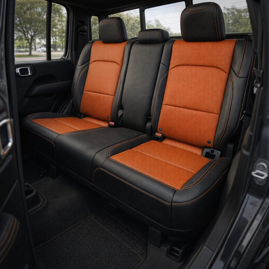 Rear in-cabin view of a 2020–2026 Jeep Gladiator showing Leatherteck rear bench seat covers with a black main seat color, tangerine orange perforated body inserts, and tangerine orange contrast stitching, featuring three headrests, visible seatbelts/buckles, and the rear window and side door panel in the background.