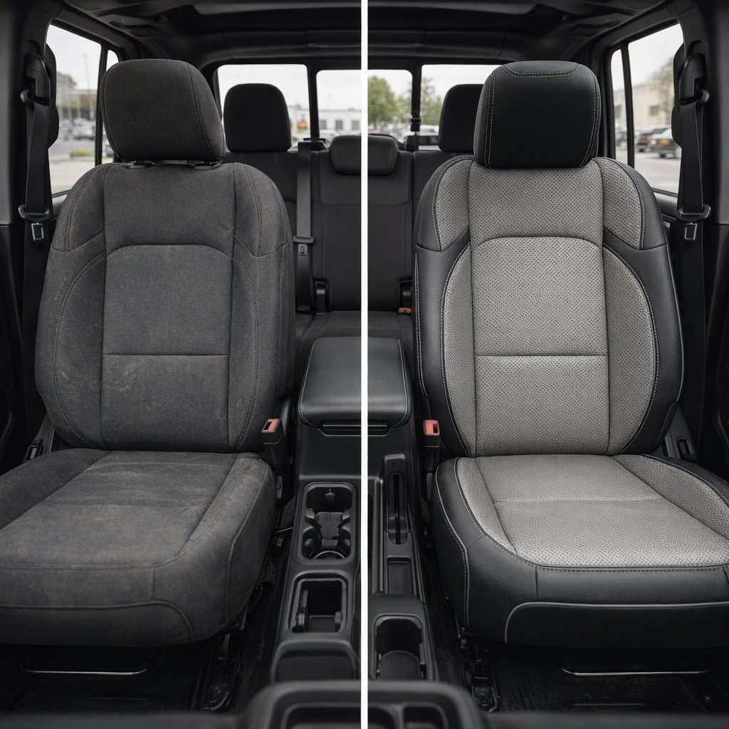 Before-and-after comparison for a 2020–2026 Jeep Gladiator showing the original black cloth front seat on the left and the Leatherteck/Katzkin K2 (K2153-100) upgrade on the right with black wrap, ash perforated body and wings, ash contrast stitching, and ash piping.
