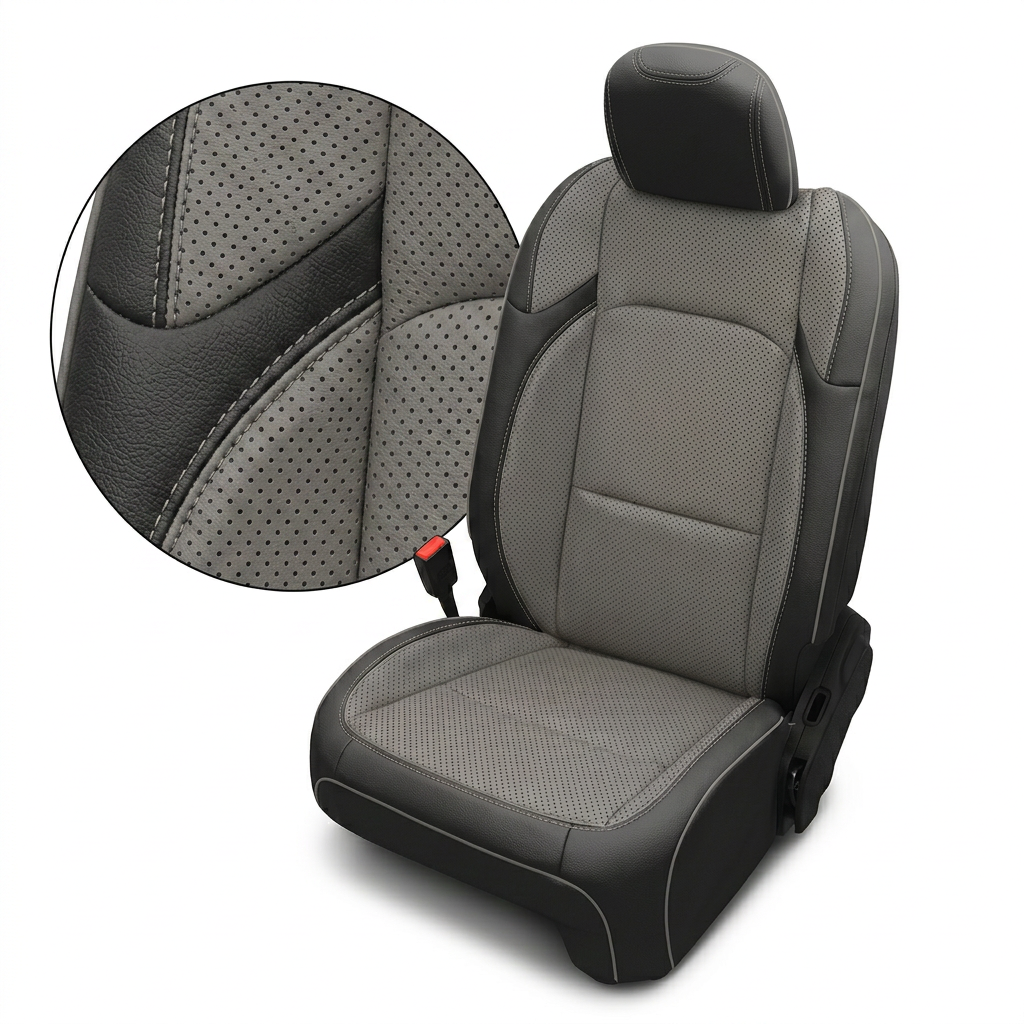 Close-up inset and full view of the Leatherteck/Katzkin K2 (K2153-100) seat cover for a 2020–2026 Jeep Gladiator, featuring black wrap with ash perforated body and wings, ash contrast stitching, and ash piping, shown on a white background.