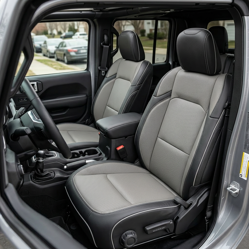 Front cabin view of a 2020–2026 Jeep Gladiator with Leatherteck/Katzkin K2 (K2153-100) seat covers installed, featuring black wrap with ash perforated body and wings, ash contrast stitching, and ash piping on the front seats.