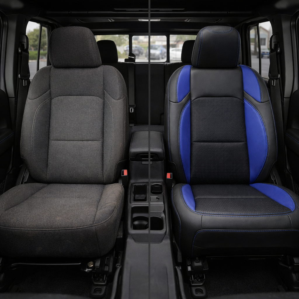 Split before-and-after front cabin view of a 2020–2026 Jeep Gladiator: left shows the original gray cloth seat, right shows Leatherteck/Katzkin K15 (K2166-100) in black wrap with Barracuda Blue combo center insert, Cobalt wings, and Cobalt contrast stitching.