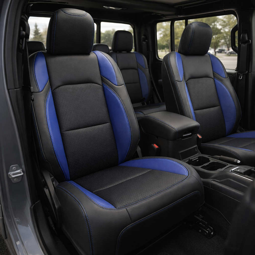 Front cabin view of a 2020–2026 Jeep Gladiator with Leatherteck/Katzkin K15 (K2166-100) installed, showing black wrap seats with Barracuda Blue combo center panels, Cobalt wings, and Cobalt contrast stitching on the front buckets and rear seating.