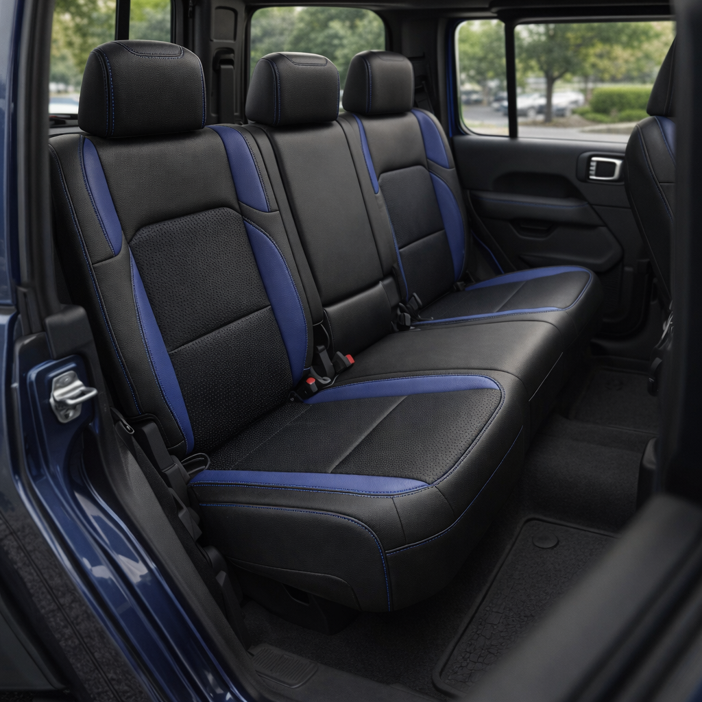 Rear cabin view of a 2020–2026 Jeep Gladiator showing the back bench upholstered in Leatherteck/Katzkin K15 (K2166-100) with black wrap, Barracuda Blue combo inserts, Cobalt wings, and Cobalt contrast stitching.