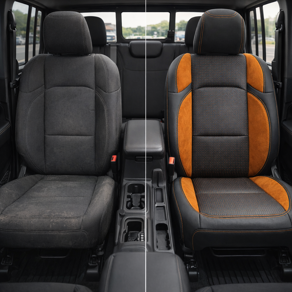 Before-and-after front cabin view of a 2020–2026 Jeep Gladiator: left shows the factory cloth seat, right shows Leatherteck/Katzkin K13 (K2164-100) installed with black wrap, Barracuda Orange panels, Mango Suedezkin wings, a perforated black center insert, and Citrus Orange contrast stitching.