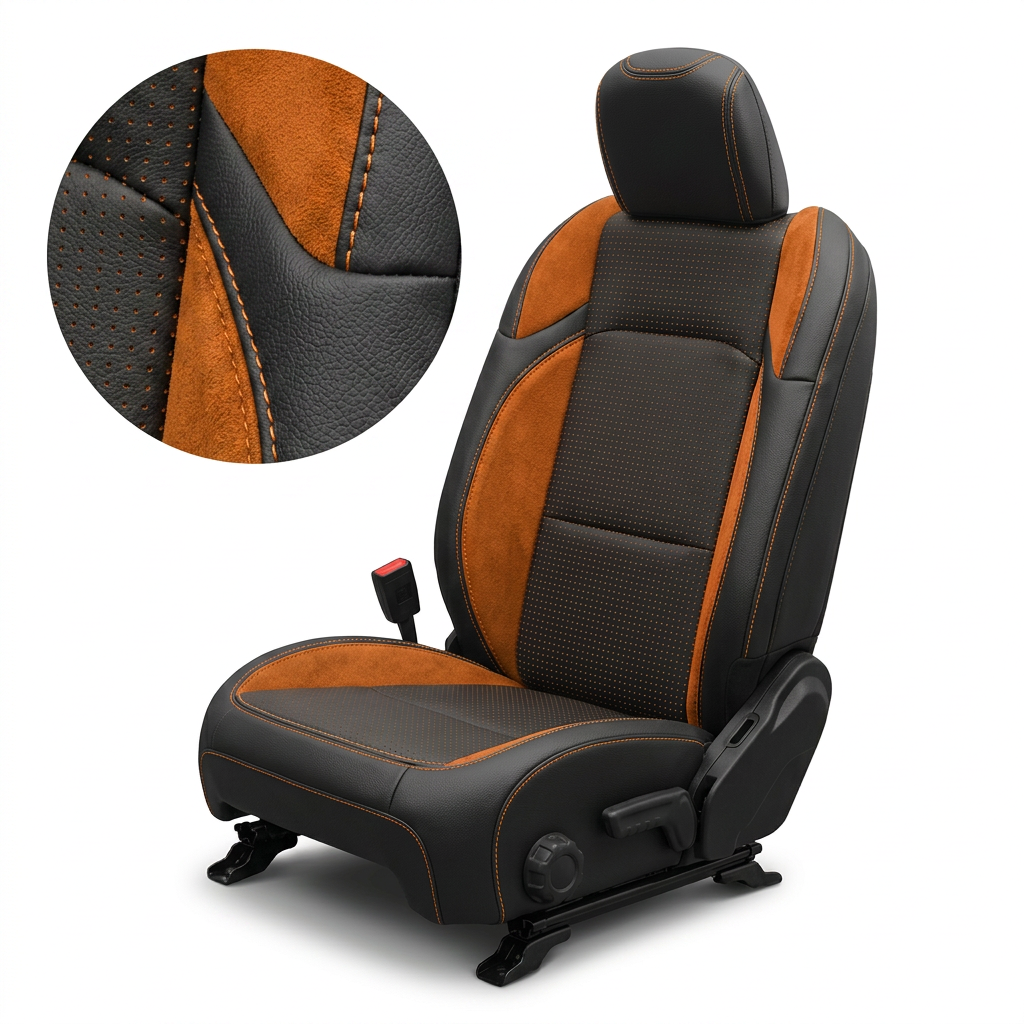 Close-up product image of Leatherteck/Katzkin K13 (K2164-100) for 2020–2026 Jeep Gladiator, showing a seat on a white background with an inset detail of the perforated black center, Barracuda Orange panels, Mango Suedezkin wings, black wrap, and Citrus Orange contrast stitching.