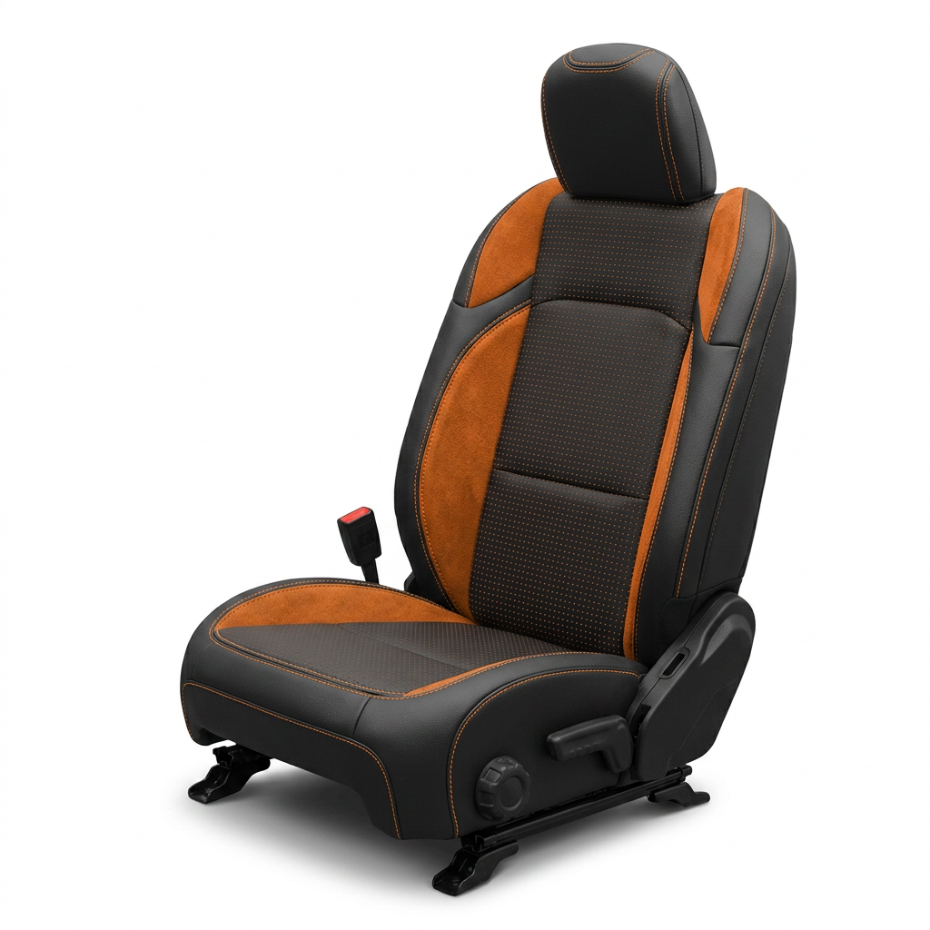 Leatherteck/Katzkin K13 (K2164-100) seat cover kit for a 2020–2026 Jeep Gladiator on a white background, featuring black wrap with Barracuda Orange leather panels, Mango Suedezkin wings, a perforated black center insert, and Citrus Orange contrast stitching.