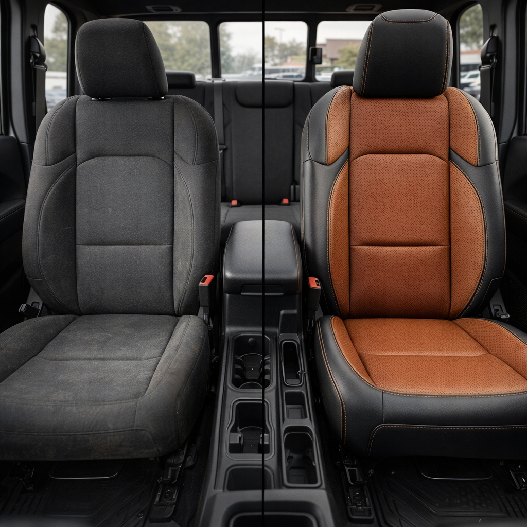 Before-and-after split image of a 2020–2026 Jeep Gladiator front cabin, showing the original black cloth seat on the left and the Leatherteck/Katzkin K21 (K2172-100) upgrade on the right with black wrap, cognac perforated body and wings, and cognac contrast stitching.