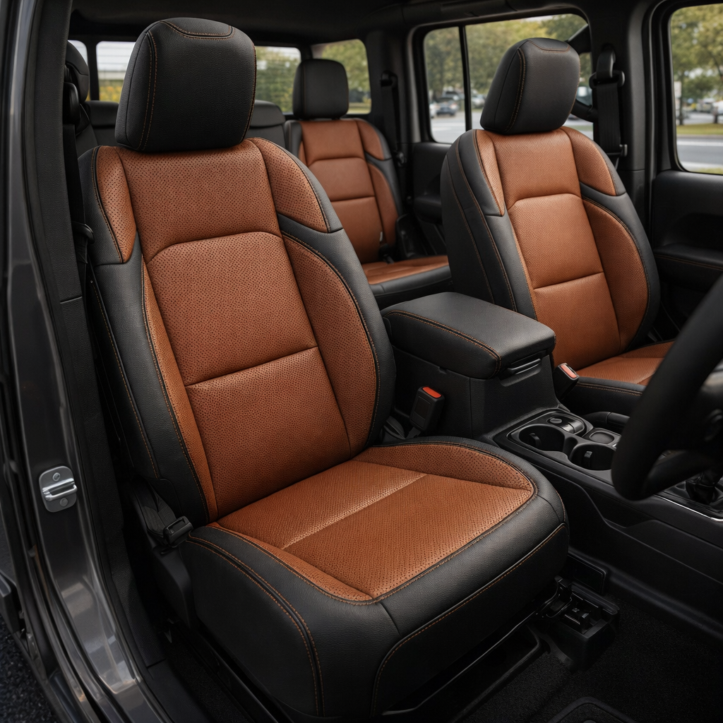Front cabin view of a 2020–2026 Jeep Gladiator with Leatherteck/Katzkin K21 (K2172-100) seat covers installed, featuring black wrap upholstery with a cognac perforated body, cognac perforated wings, and cognac contrast stitching on the front and rear seats.