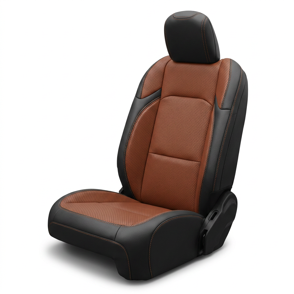 Leatherteck/Katzkin K21 (K2172-100) leather seat cover for a 2020–2026 Jeep Gladiator on a white background, featuring black wrap with cognac perforated body and wings and cognac contrast stitching.