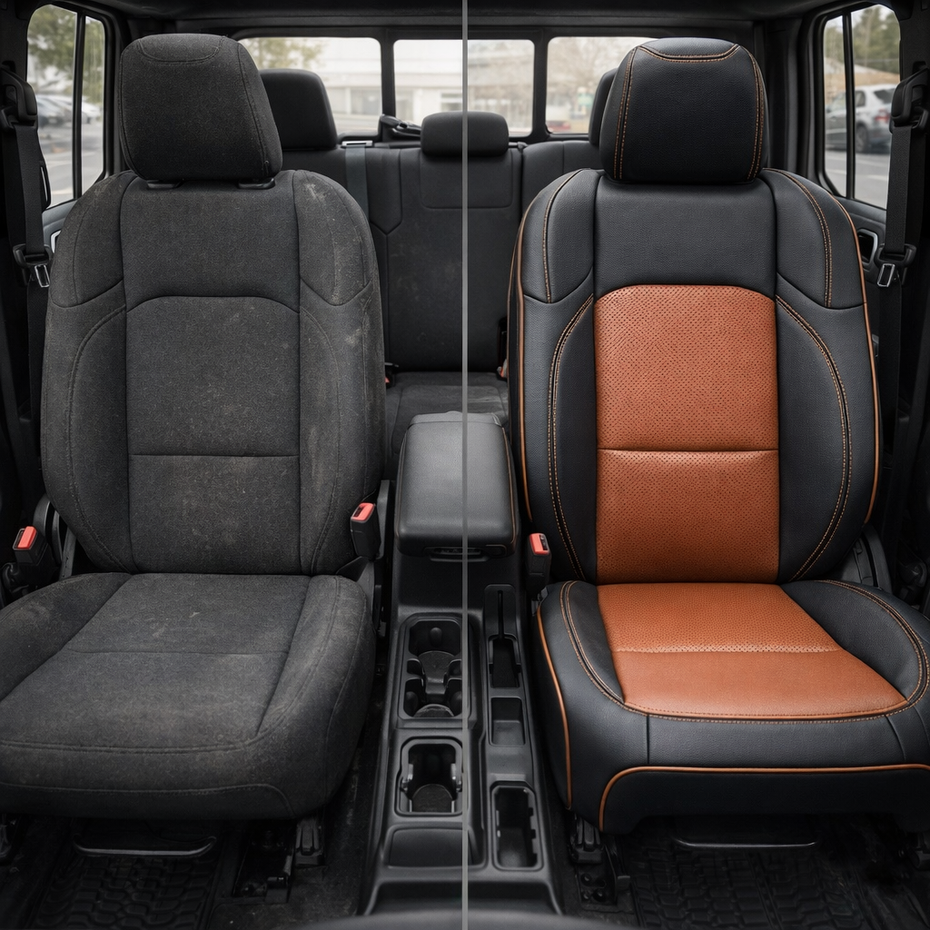 Before-and-after split view of a 2020–2026 Jeep Gladiator front seats: left shows the original black cloth seat, right shows Leatherteck/Katzkin K20 (K2171-100) upholstery with black wrap, cognac perforated combo center panels, cognac contrast stitching, and cognac piping.