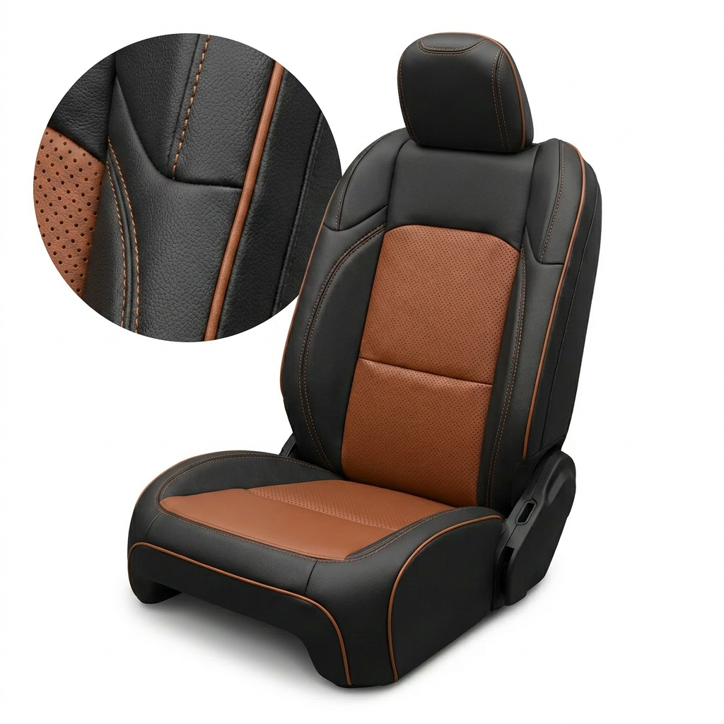 Close-up product image of Leatherteck/Katzkin K20 (K2171-100) for a 2020–2026 Jeep Gladiator, showing a black wrap seat with cognac perforated combo center panels, cognac contrast stitching, and cognac piping, plus an inset detail view highlighting the stitching and piping.