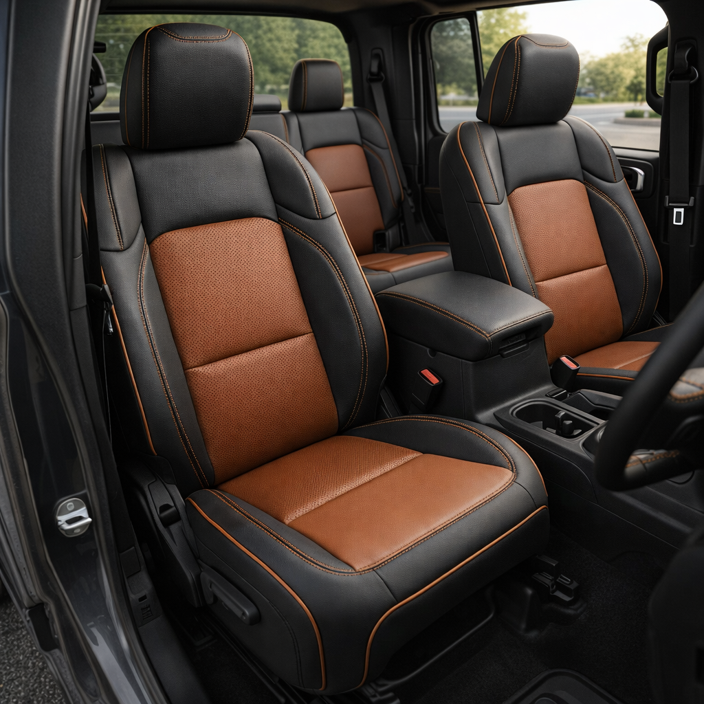 Front cabin view of a 2020–2026 Jeep Gladiator with Leatherteck/Katzkin K20 (K2171-100) seat covers installed, featuring black wrap with cognac perforated combo center panels, cognac contrast stitching, and cognac piping on the front bucket seats.