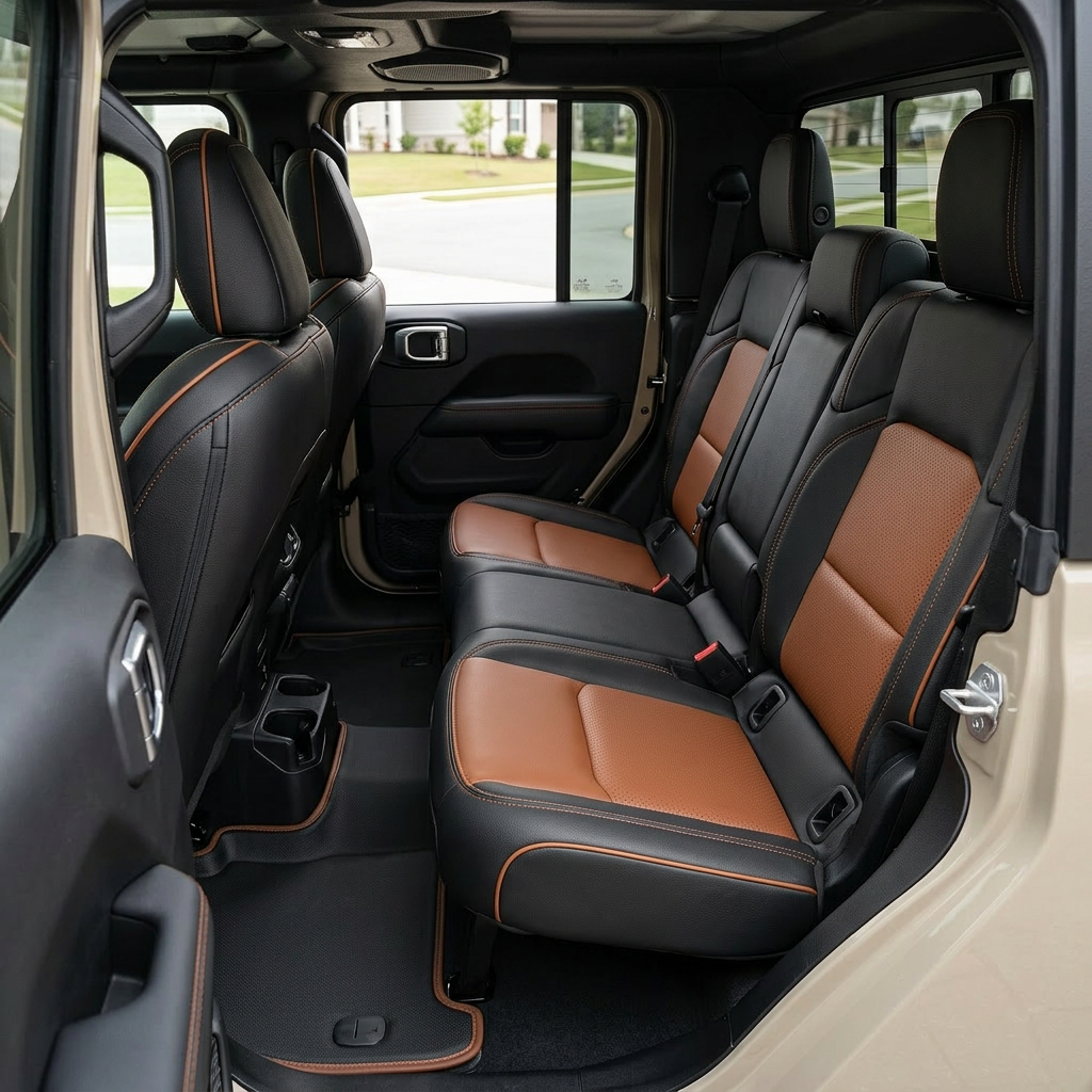Rear cabin view of a 2020–2026 Jeep Gladiator with Leatherteck/Katzkin K20 (K2171-100) rear seat covers installed, featuring black wrap with cognac perforated combo center panels, cognac contrast stitching, and cognac piping across the rear bench and headrests.