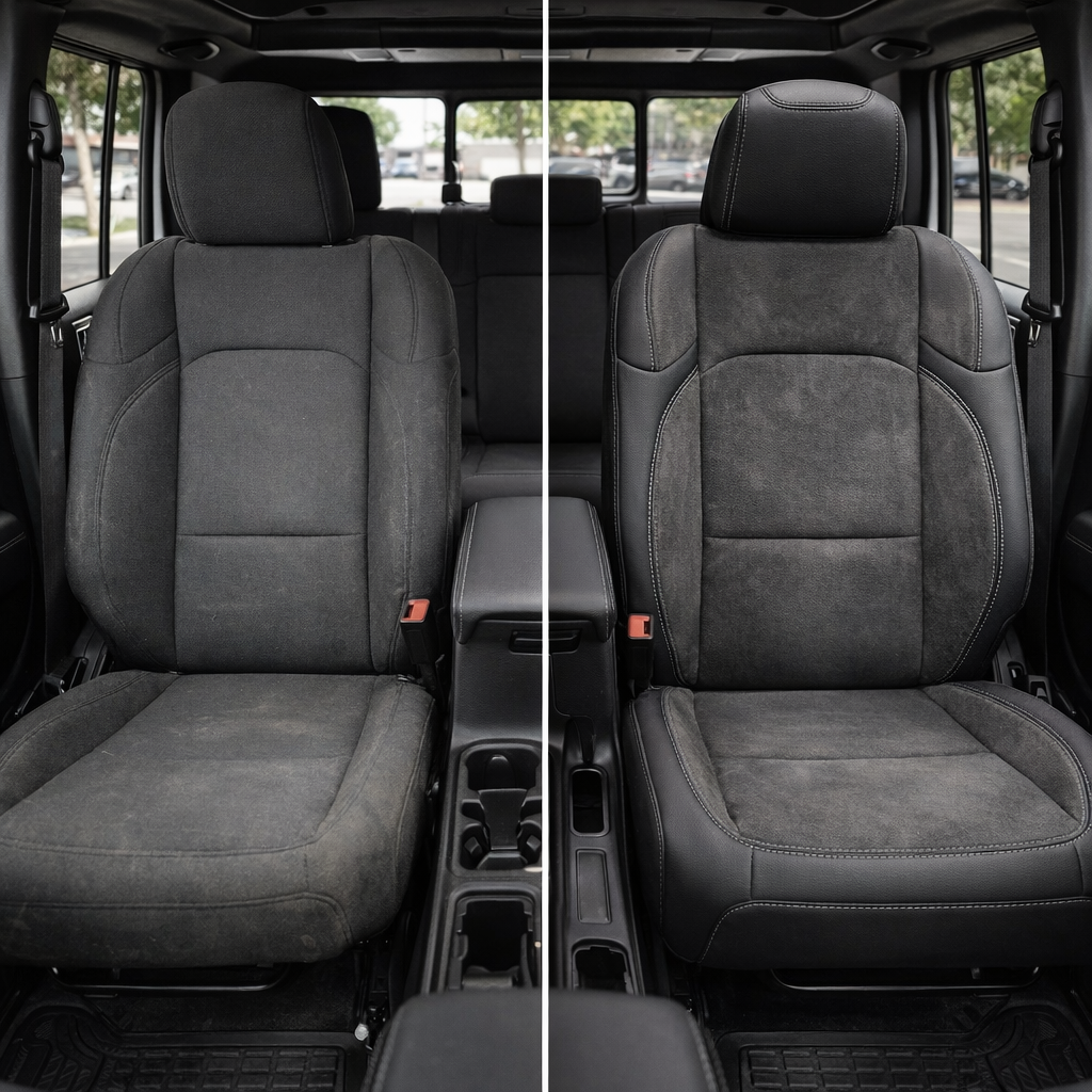 Before-and-after comparison of a 2020–2026 Jeep Gladiator front cabin: left shows the factory cloth seat, right shows Leatherteck/Katzkin K6 (K2157-100) with black wrap, dark slate Suedezkin body and wings, and light gray contrast stitching.