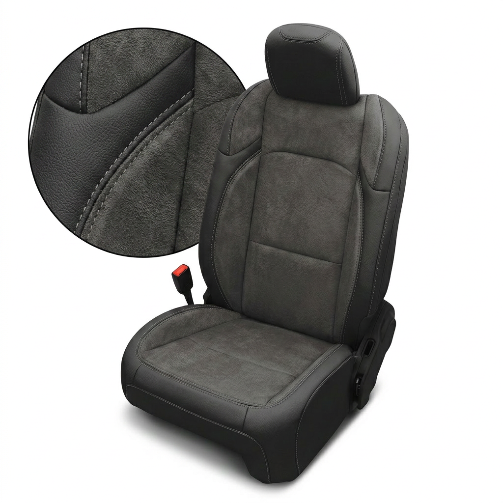 Close-up and full view of Leatherteck/Katzkin K6 (K2157-100) for a 2020–2026 Jeep Gladiator, showing black leather wrap with dark slate Suedezkin body and wings, plus light gray contrast stitching, on a white background.