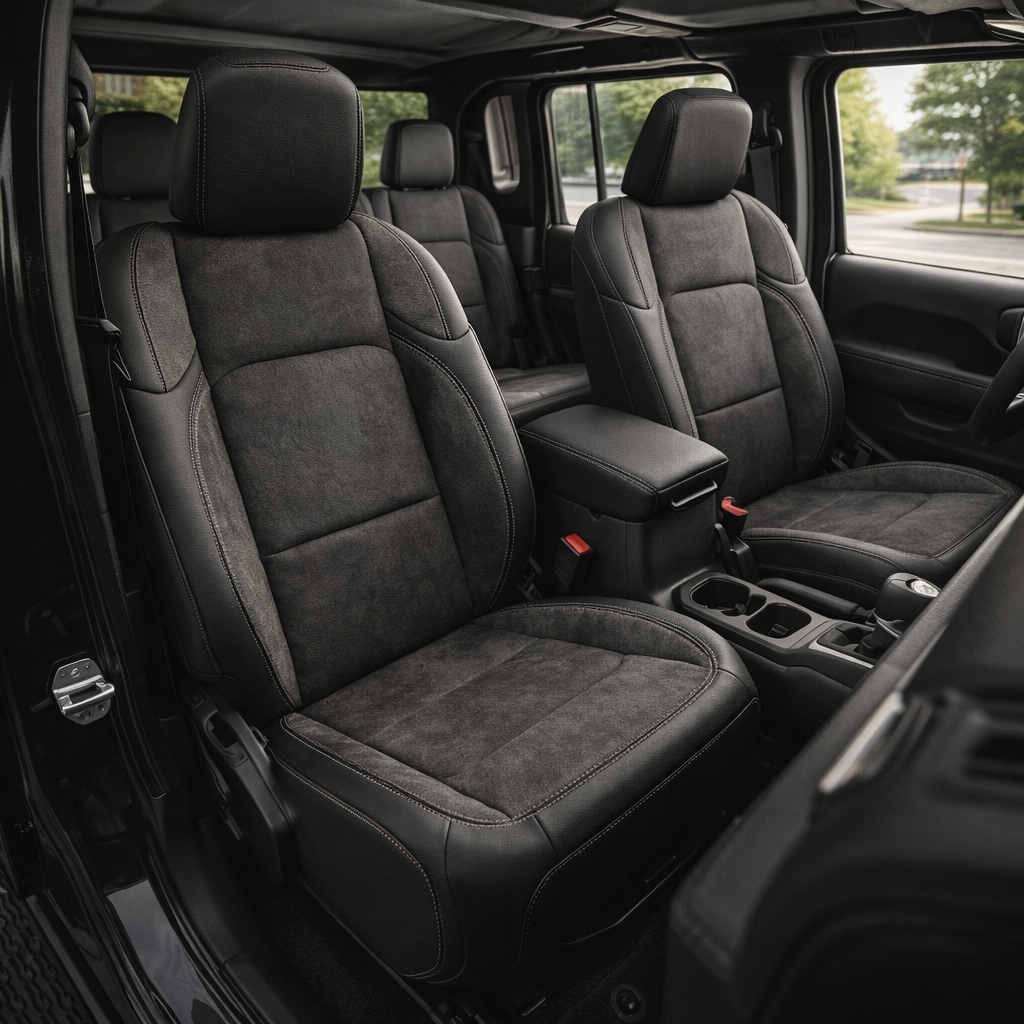 Front cabin view of a 2020–2026 Jeep Gladiator with Leatherteck/Katzkin K6 (K2157-100) seat covers featuring black wrap bolsters, dark slate Suedezkin body and wings, and light gray contrast stitching on the front buckets and rear bench.
