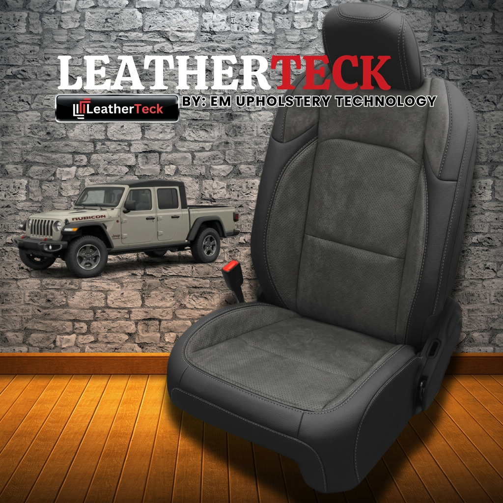 Leatherteck brand graphic for a 2020–2026 Jeep Gladiator featuring Leatherteck/Katzkin K6 (K2157-100) seat upholstery in black wrap with dark slate Suedezkin body and wings and light gray contrast stitching, shown with the Leatherteck logo, a Gladiator truck, and a stone-wall background.