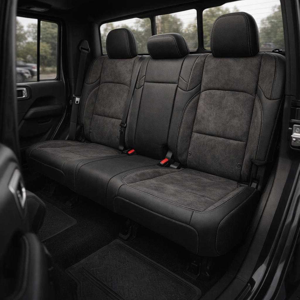Rear cabin view of a 2020–2026 Jeep Gladiator showing the back bench upholstered in Leatherteck/Katzkin K6 (K2157-100) with black wrap, dark slate Suedezkin seating surfaces and wings, and light gray contrast stitching.