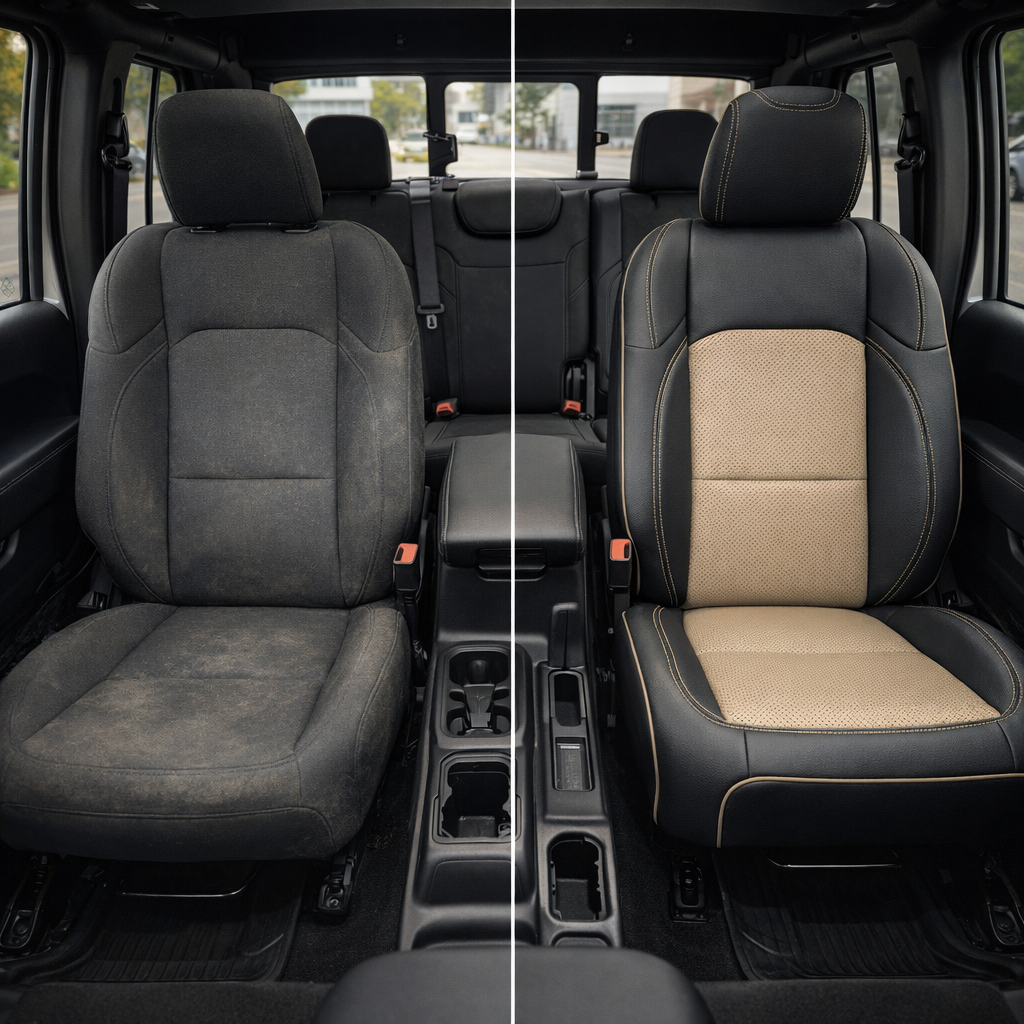 Before-and-after front cabin view of a 2020–2026 Jeep Gladiator: left shows the factory cloth seat, right shows Leatherteck/Katzkin K16 (K2167-100) with black wrap bolsters, dune perforated combo inserts, dune contrast stitching, and dune piping.