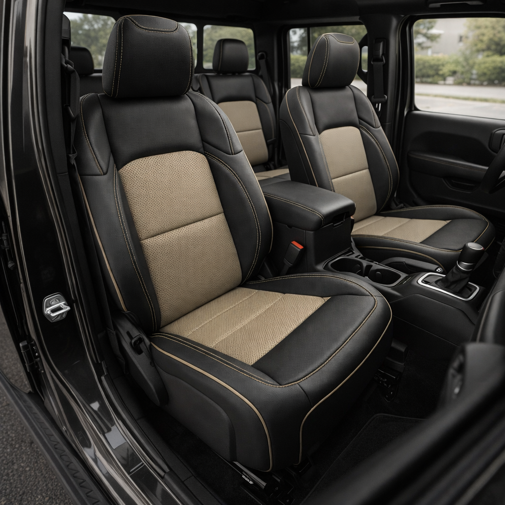 Front cabin view of a 2020–2026 Jeep Gladiator with Leatherteck/Katzkin K16 (K2167-100) installed, featuring black wrap bolsters, dune perforated combo inserts, dune contrast stitching, and dune piping on the front seats.