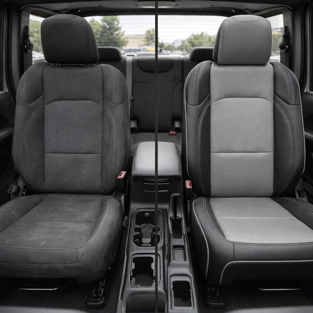 Split before-and-after front cabin view of a 2020–2026 Jeep Gladiator: left shows the factory cloth front seat, right shows Leatherteck/Katzkin K10 (K2161-100) installed with black wrap bolsters, a lunar gray center, lunar gray contrast stitching, and lunar gray piping.