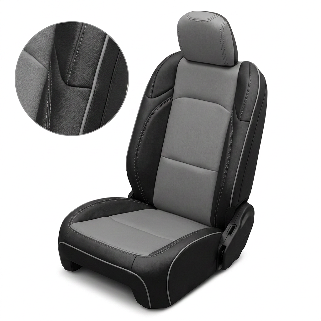 Close-up inset and full seat view of Leatherteck/Katzkin K10 (K2161-100) for a 2020–2026 Jeep Gladiator, showing black wrap bolsters with a lunar gray center, lunar gray contrast stitching, and lunar gray piping, on a white background.