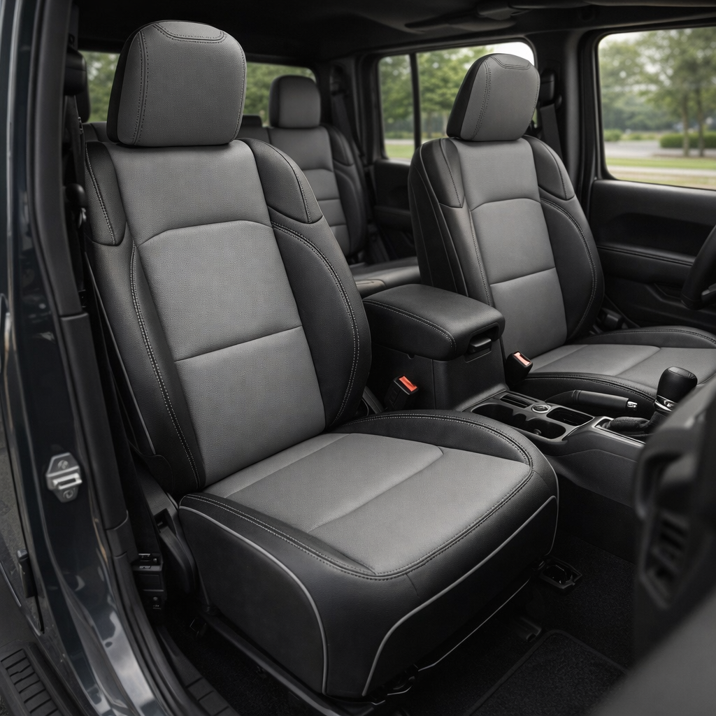 Front cabin view of a 2020–2026 Jeep Gladiator with Leatherteck/Katzkin K10 (K2161-100) installed, showing black wrap bolsters with lunar gray center panels, lunar gray contrast stitching, and lunar gray piping on the front seats and matching rear seat.