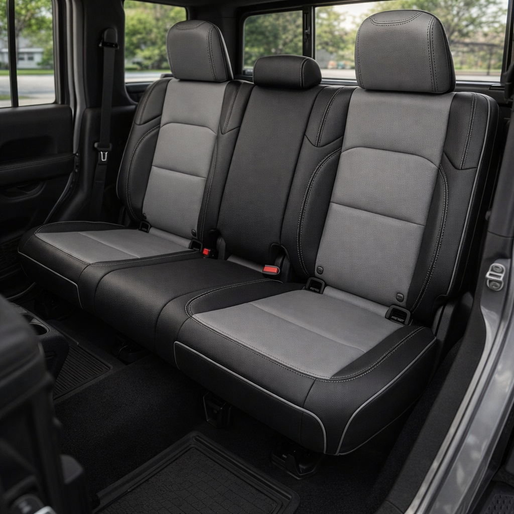 Rear cabin view of a 2020–2026 Jeep Gladiator with Leatherteck/Katzkin K10 (K2161-100) installed, featuring a rear bench in black wrap with lunar gray center panels, lunar gray contrast stitching, and lunar gray piping.