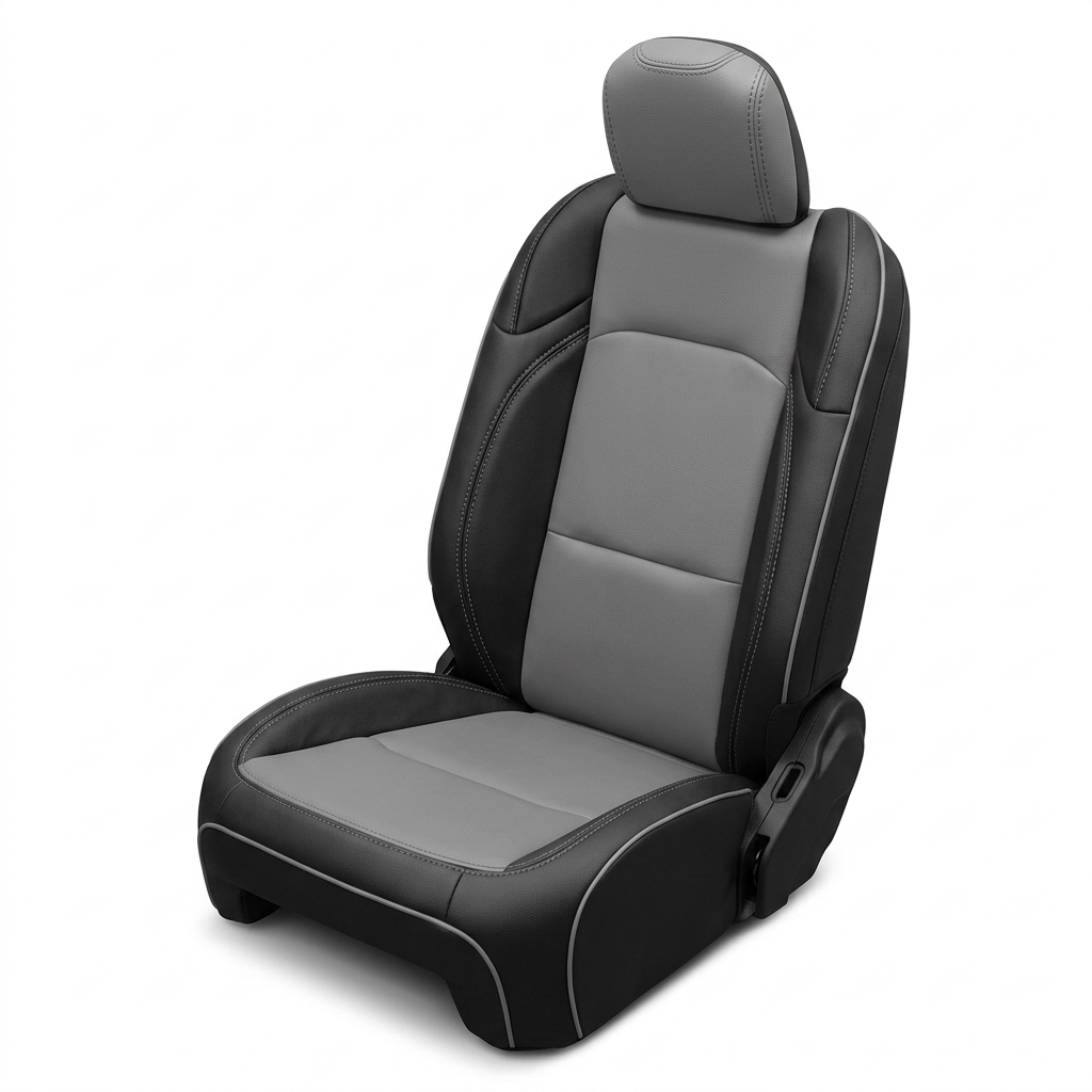 Leatherteck/Katzkin K10 (K2161-100) seat cover kit for a 2020–2026 Jeep Gladiator on a white background, featuring black wrap bolsters with a lunar gray center panel, lunar gray contrast stitching, and lunar gray piping.