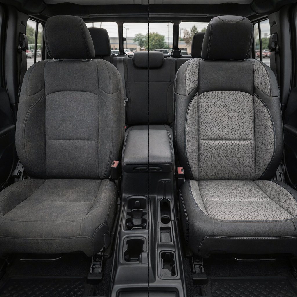 Before-and-after interior comparison for a 2020–2026 Jeep Gladiator showing the original black cloth front seat on the left and the Leatherteck/Katzkin K11 (K2162-100) upgrade on the right with black wrap, lunar grey perforated combo center panels and wings, and lunar grey contrast stitching.