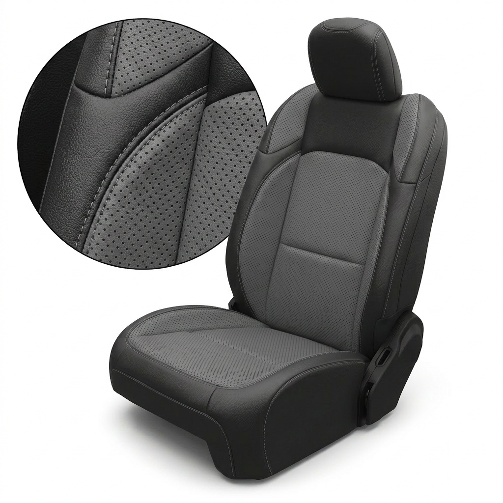Close-up inset and full view of the Leatherteck/Katzkin K11 (K2162-100) seat cover for a 2020–2026 Jeep Gladiator, featuring black wrap with lunar grey perforated combo center panels and wings and lunar grey contrast stitching, shown on a white background.