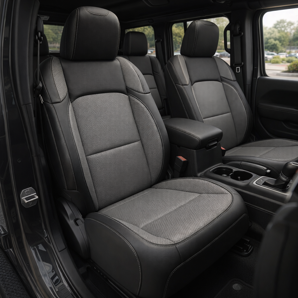 Front cabin view of a 2020–2026 Jeep Gladiator with Leatherteck/Katzkin K11 (K2162-100) seat covers installed, featuring black wrap with lunar grey perforated combo center panels and wings and lunar grey contrast stitching on the front seats.