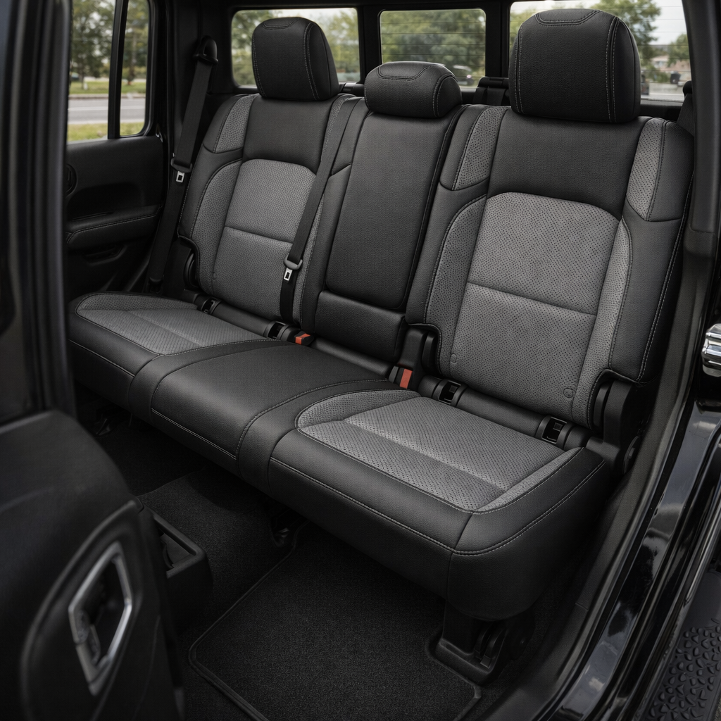 Rear cabin view of a 2020–2026 Jeep Gladiator with Leatherteck/Katzkin K11 (K2162-100) rear seat covers installed, featuring black wrap with lunar grey perforated combo inserts and wings and lunar grey contrast stitching across the rear bench and headrests.