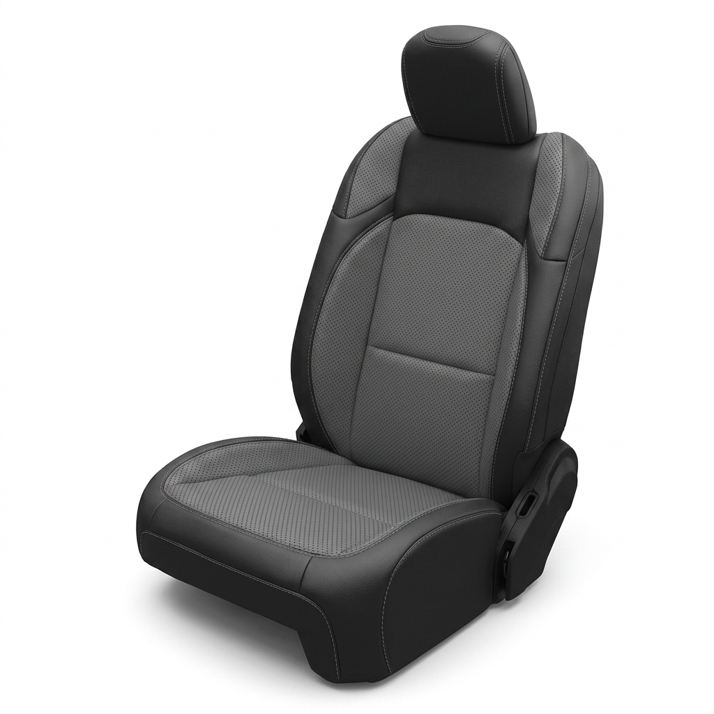 Leatherteck/Katzkin K11 (K2162-100) leather seat cover for a 2020–2026 Jeep Gladiator, shown on a white background with black wrap and lunar grey perforated combo body and wings, finished with lunar grey contrast stitching.