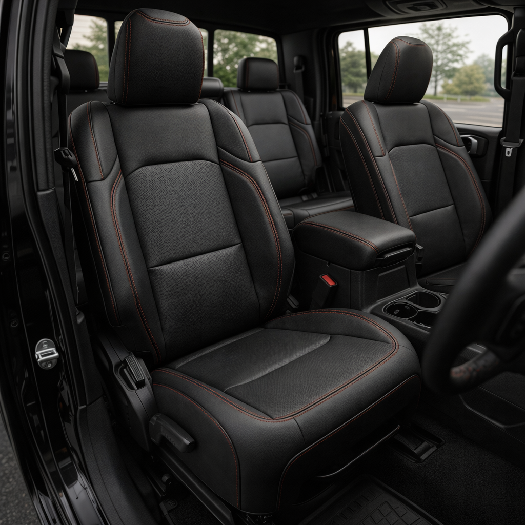 Front cabin view of a 2020–2026 Jeep Gladiator with Leatherteck/Katzkin F1 (F1339-100) seat covers installed, featuring black wrap upholstery with red contrast stitching on the front bucket seats and center armrest.