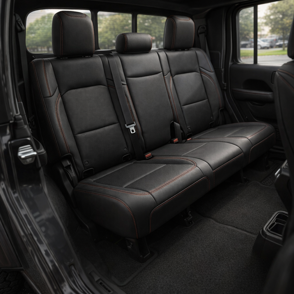 Rear cabin view of a 2020–2026 Jeep Gladiator with Leatherteck/Katzkin F1 (F1339-100) rear seat covers installed, featuring black wrap upholstery with red contrast stitching on the rear bench and headrests.