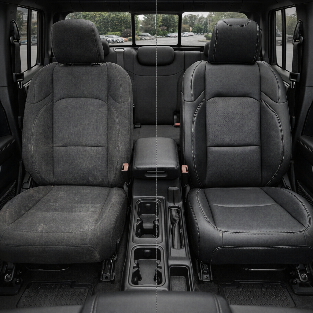 Split before-and-after front cabin view of a 2020–2026 Jeep Gladiator: left shows the factory cloth seat, right shows Leatherteck/Katzkin F2 (F1340-100) installed in all-black with silver contrast stitching.