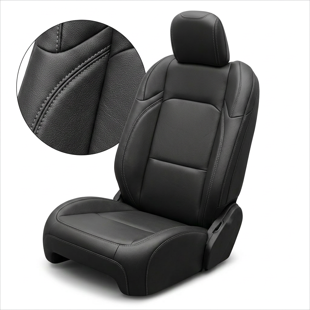 Leatherteck/Katzkin F2 (F1340-100) seat cover for a 2020–2026 Jeep Gladiator on a white background with a circular close-up showing the black leather grain and silver contrast stitching on the seam.
