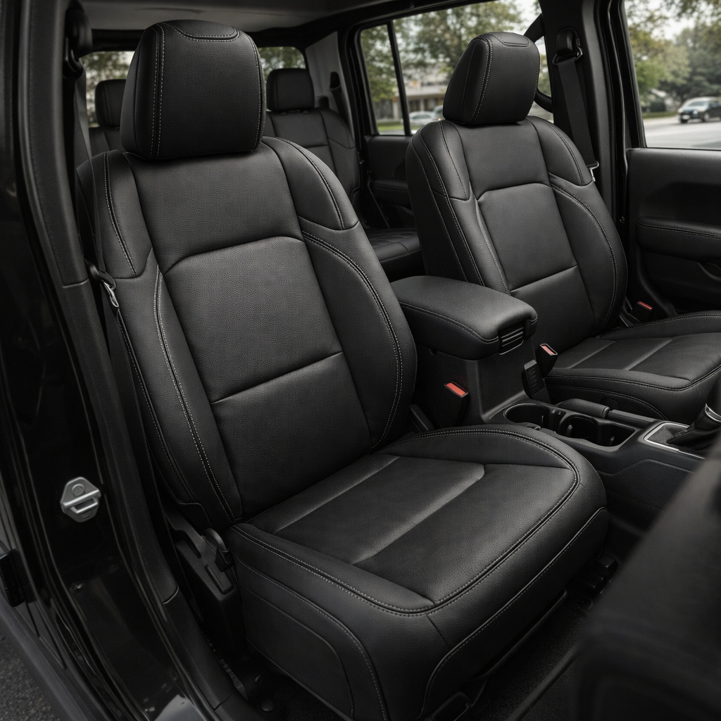 Front cabin view of a 2020–2026 Jeep Gladiator with Leatherteck/Katzkin F2 (F1340-100) installed, featuring an all-black wrap leather design with silver contrast stitching on the front seats and matching rear seat.