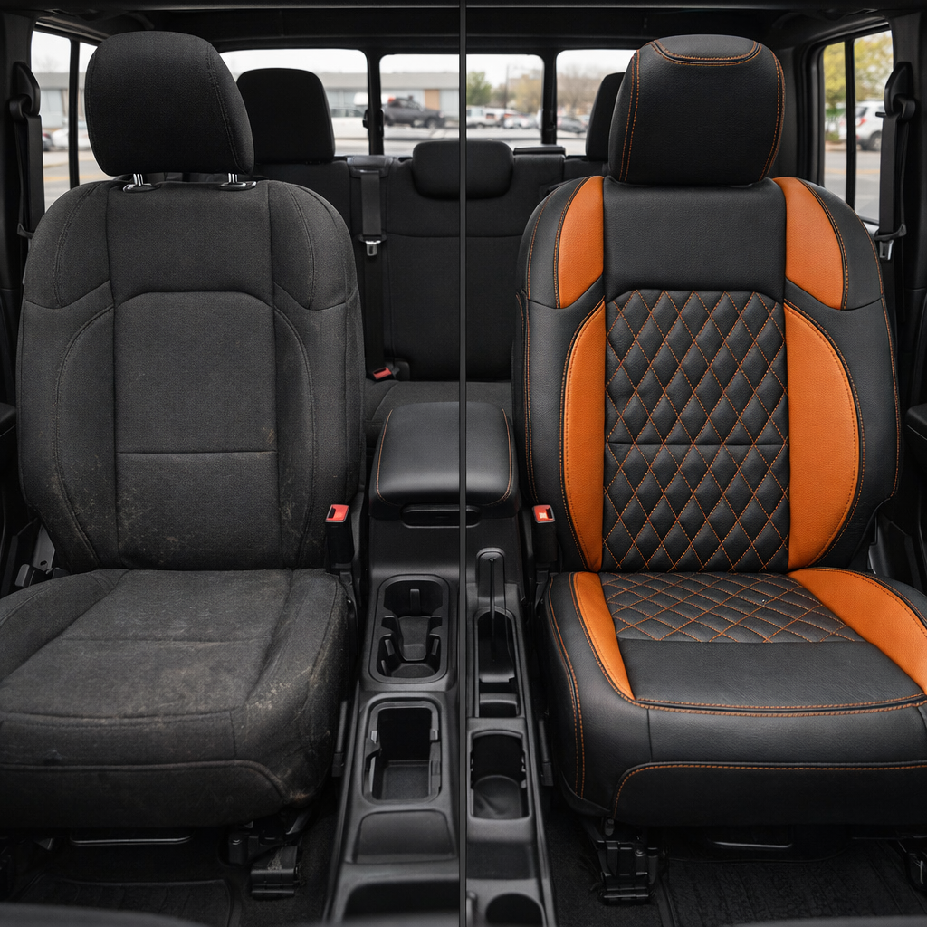 Before-and-after split image of a 2020–2026 Jeep Gladiator front cabin, showing the original black cloth seat on the left and the upgraded Leatherteck/Katzkin K24 (K2282-100) black wrap seat with tangerine wings, tangerine contrast stitching, and a Tekstitch Diamond quilted tangerine insert on the right.