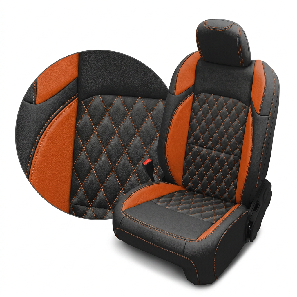 Close-up and full view of the Leatherteck/Katzkin K24 (K2282-100) seat cover for a 2020–2026 Jeep Gladiator, showing black wrap with tangerine wings, tangerine contrast stitching, and a Tekstitch Diamond quilted center insert in tangerine on a white background.