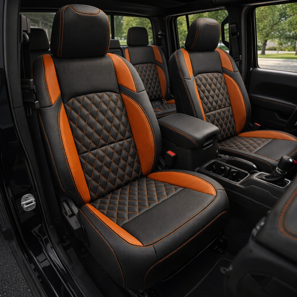 Front cabin view of a 2020–2026 Jeep Gladiator with Leatherteck/Katzkin K24 (K2282-100) seat covers installed, featuring black wrap upholstery with tangerine wings, tangerine contrast stitching, and a Tekstitch Diamond quilted tangerine insert on the front seats.