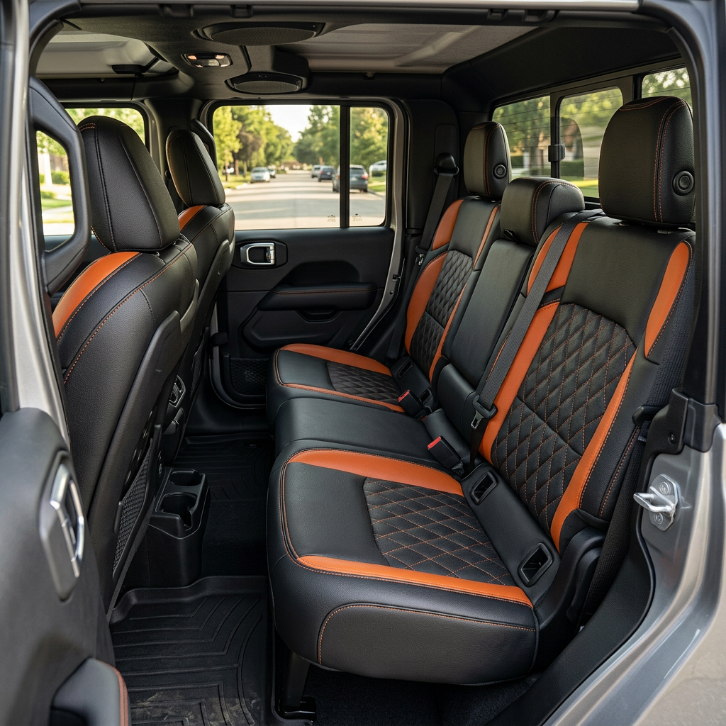 Rear cabin view of a 2020–2026 Jeep Gladiator showing Leatherteck/Katzkin K24 (K2282-100) seats installed, featuring black wrap upholstery with tangerine wings, tangerine contrast stitching, and Tekstitch Diamond quilted inserts on the rear bench and front seatbacks.