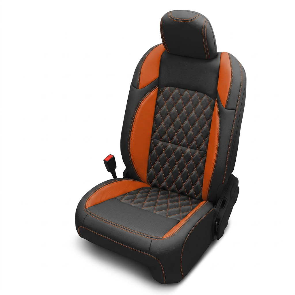 Leatherteck/Katzkin K24 (K2282-100) front seat cover for a 2020–2026 Jeep Gladiator on a white background, featuring black wrap with tangerine wings, tangerine contrast stitching, and a Tekstitch Diamond quilted center insert in tangerine.