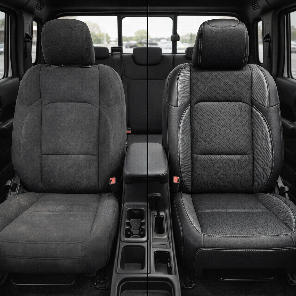 Before-and-after front cabin view of a 2020–2026 Jeep Gladiator: left shows the factory cloth seat, right shows Leatherteck/Katzkin K1 (K2152-100) in black wrap with a perforated black center, carbon/nickel vinyl wing panels, and silver contrast stitching.