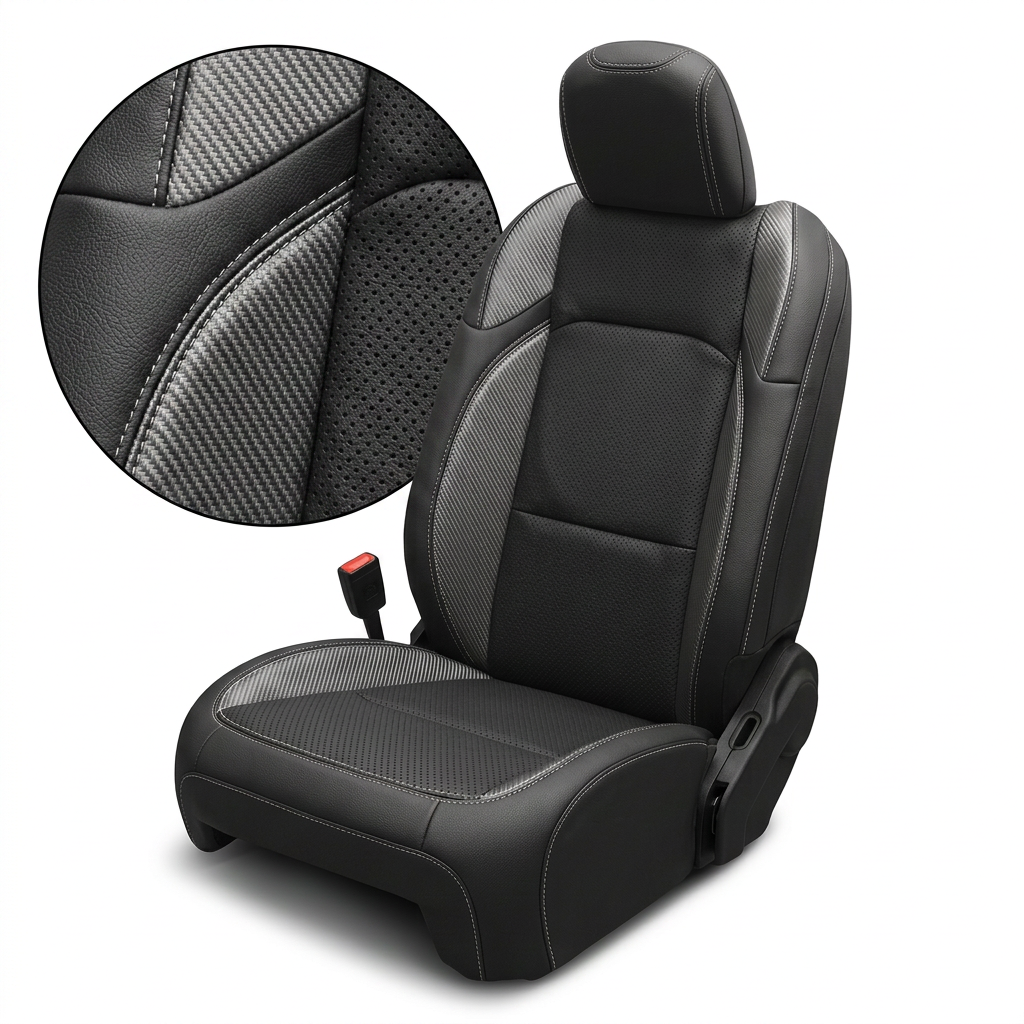 Leatherteck/Katzkin K1 (K2152-100) seat cover kit for a 2020–2026 Jeep Gladiator on a white background, with a circular close-up highlighting the black perforated center, carbon/nickel vinyl wing texture, and silver contrast stitching.